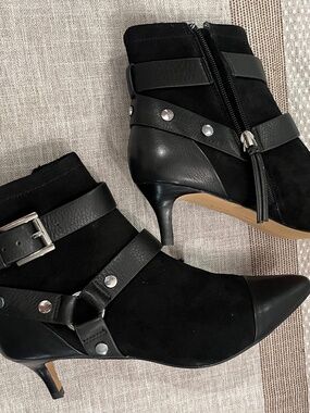 Rebecca Minkoff Saskia Black Leather Harness Ankle Boots Heels Size 6